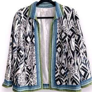 Chico’s Linen Multi Print Open Front Jacket Size 2 US Large